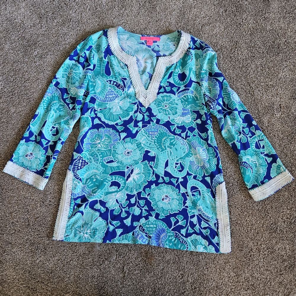 Lilly Pulitzer Blue and Green Floral Top Size Small